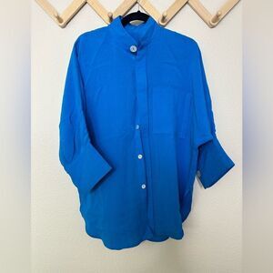 Fridaze Blue Linen Blouse Button Down Sz S